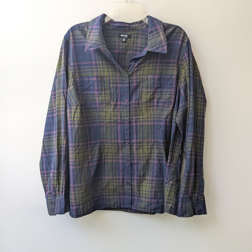 Krazy Kat Button Up Shirt Green Purple Plaid Metallic Lurex 1X